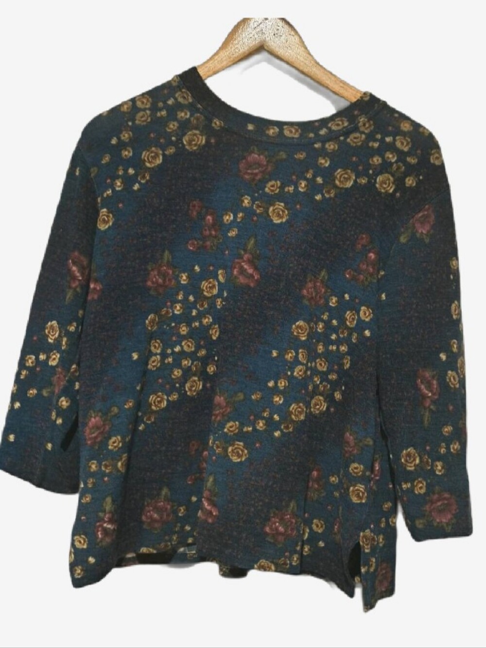 Vintage Copenhagen Floral Knit Top Eclectic Grandma 3/4 Sleeve Slit Hem Teal
